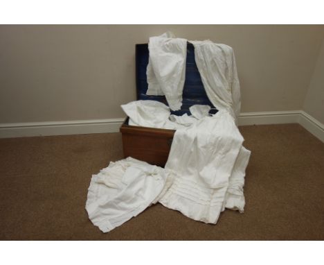 Victorian and early 20th Century christening gowns, night gowns, under garments, linen etc in a large tin trunk, L64cm    Con