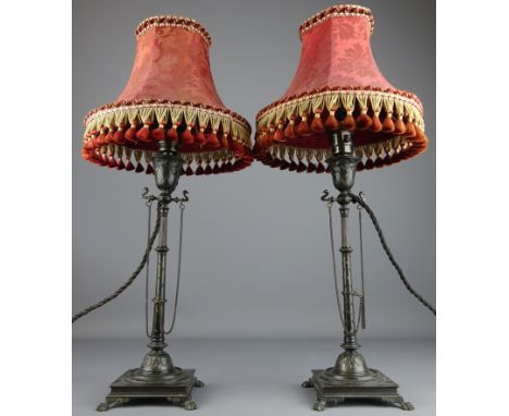 Pair of Victorian bronze candlesticks on lion paw feet, converted to table lamps, H29.5cm    Condition Report   Click here fo