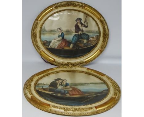 Male and Female in a Boat on a River, 19th century Continental lithograph in oval frame 36cm x 45cm (2)   Condition Report   