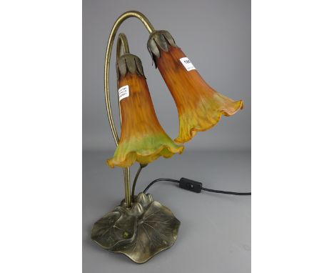 Art Nouveau style two branch table lamp with glass shades, H41cm (This item is PAT tested - 5 day warranty from date of sale)