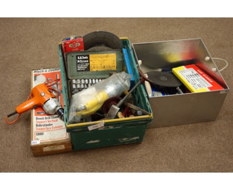 Various tools in two boxes including, hand drill, socket set, various spanner, tap and die set etc...   Condition Report   Cl