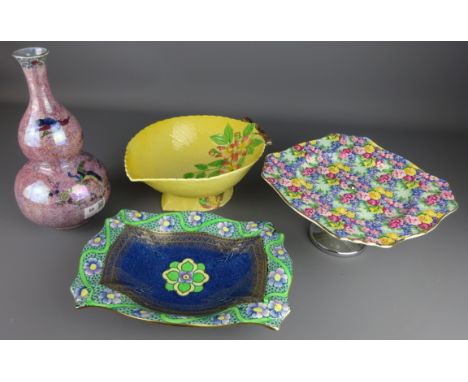 Large Carlton Ware yellow ground salad bowl, Losol Ware rectangular dish, Wilton Ware double gourd shaped vase and a Royal Wi