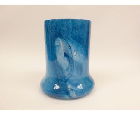 An art glass large signed art glass vase with blue wave form design, signed to base. 20.5cm