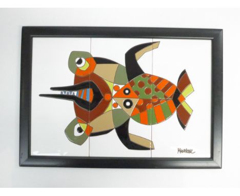A Cesar Manrique ceramic tile panel with coloured fish design and moulded signature. 31.5cm x 45cm