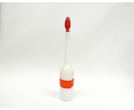 A Fulvio Bianconi rare Italian art glass bottle and stopper in white and red 'FASCE' design, for Venini glass, signed to base
