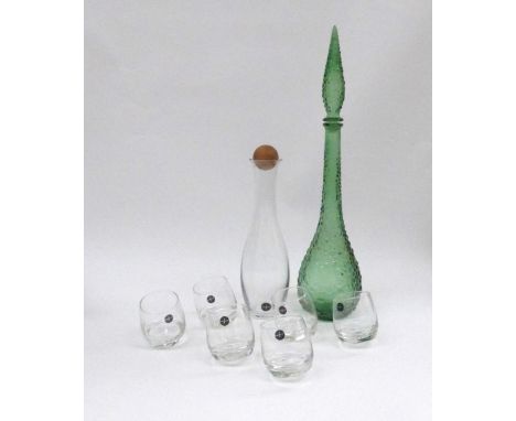 A green Italian Empoli Genie bottle and stopper, a Sagaform clear glass carafe with ball stopper and a set set of 6 Sagaform 