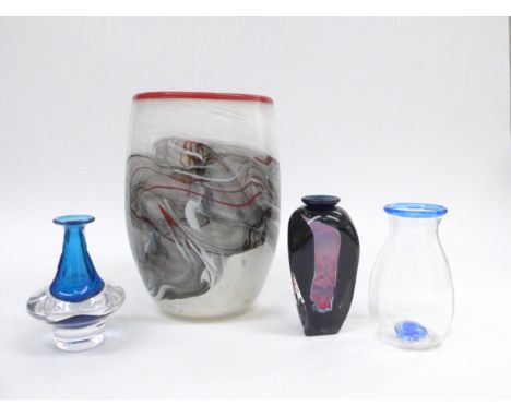 A collection of Studio glass including "Glory Art Glass" vase in white, red and smoked, 21.5cm high, Lindean Mill vase, indis