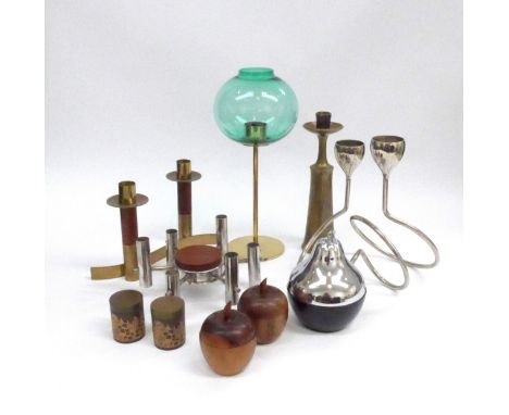 Collection of candlesticks etc including Swedish, Danish and Italian examples in brass, wood and plated metal. Dansk, Markary