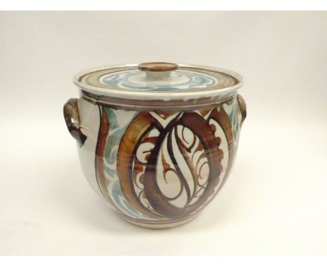 A large Alan Caiger-Smith Aldermaston lidded casserole/soup pot, painted design. Monogram to base. 22cm high x 27cm diameter