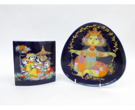 Two Rosenthal porcelain 1001 Nights Range pieces - vase, 14cm and plate 19.5cm both with deep blue ground.  Printed marks