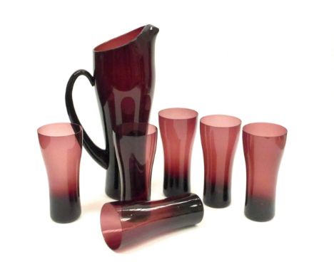 A Per Lutken designed amethyst glass lemonade set, pitcher and six glasses. Pitcher 31cm high