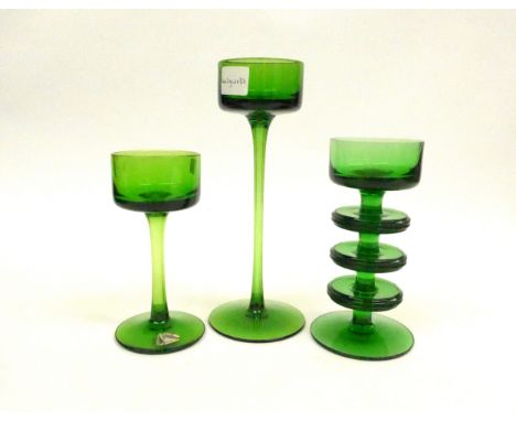 A Wedgwood Sheringham candlestick by Ronald Sennett-Willson three ring in green, plus two Brancaster candlesticks. Tallest 20
