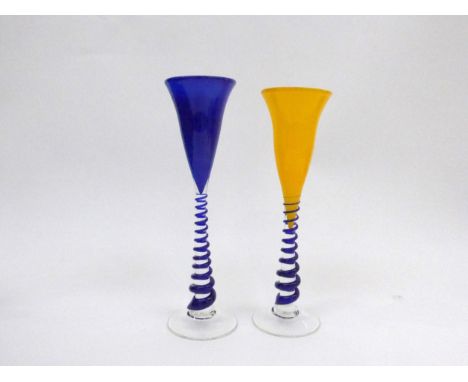 Two Lynette Campbell unique large studio art glass goblets in blue and yellow, each signed and dated 1999 to base, tallest 29