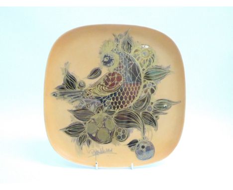 A Rosenthal porcelain Studio Linie Squared wall plate gold coloured ground with stylised bird enriched in gilt.  Gold backsta