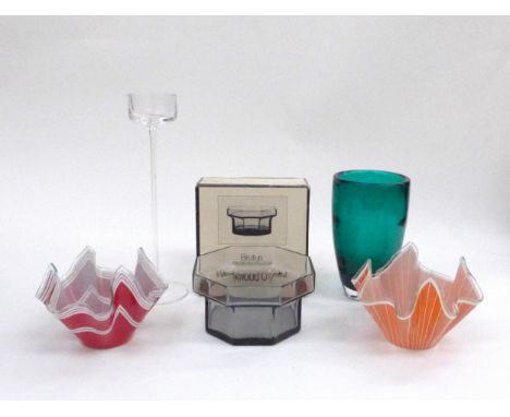 A boxed Wedgwood crystal 'Brutus' versatile serving bowl whitefriars vase, handkerchief vases and candlesticks. Tallest  27.5