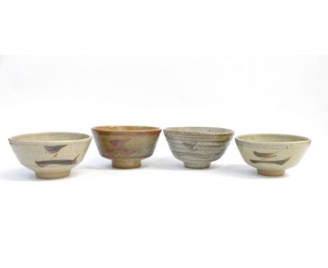 Four St Ives Leach Pottery "Z" bowls, various glazes, tallest 8cm x 14cm diameter. Impressed pottery seals. (Hairline to one)