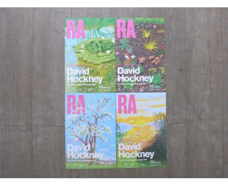 A David Hockney set of four unframed art exhibition posters for the “Arrival of spring, Normandy” show in 2020. 38cm x 25cm