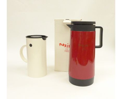 An Erik Magnussen Danish white flask for Stelton and a boxed Maxims de Paris flask, tallest 29cm