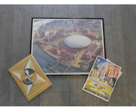 A Festival of Britain framed original art poster from the 1951 exhibition and two original vintage Festival of Britain guides