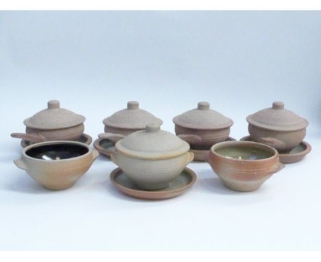 St Ives Leach Pottery - A collection of Standard Ware lidded and unlidded soup bowls and dishes. Impressed Pottery seals only