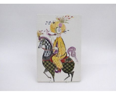 An Italian and ceramic tile, hand painted by Bjorn Wiinblad, although unsigned, 'Arabian Nights' figure on horse back. 30.2cm