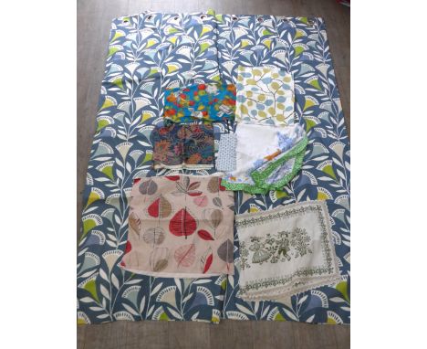 A collection of vintage and contemporary fabrics including Sandersons and a large pair of Scion curtains. Approx 220cm drop x