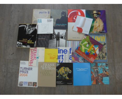 A collection of vintage art exhibition catalogues and books including David Hockney, John Bellany, Peter Randall-Page, Michae