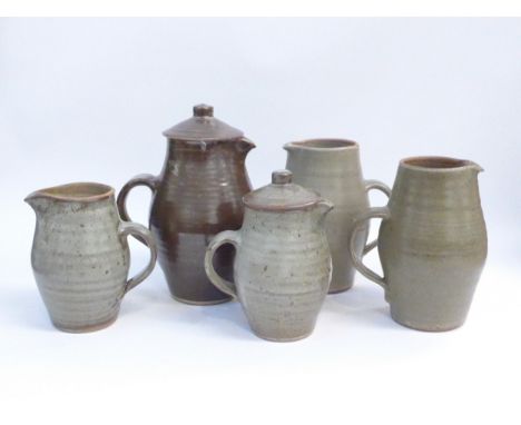 St Ives Leach Pottery - Five various coffee pots, three minus lids and re-glued handle to one.  Impressed Pottery seals only.