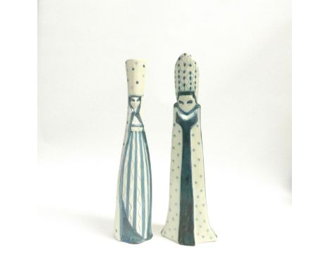 Two Rye Pottery figures by David Sharp - Queen (chip to base) and Bishop. Both painted in blue and painted marks to bases, 39