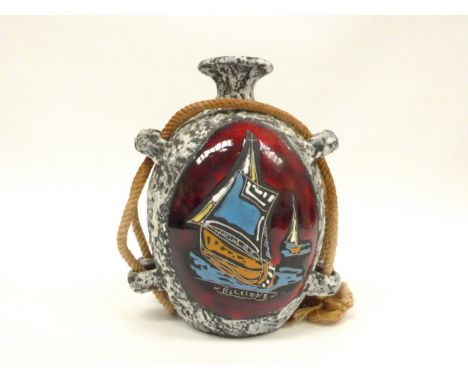 A 1950's Italian San Marino Pottery flask from Riccione, enamelled boats and foliate designs, rope handles. 21.5cm high