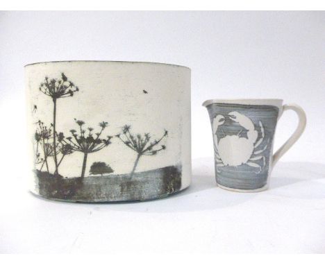 A Kit Anderson Foto ceramica 'Field' oval planter, 14.5cm high and a Neil Tregaer Pottery crab jug, 11cm high.