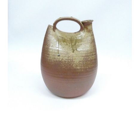 JOHN LEACH (1939-2021): A Muchelney Pottery early 1980's "cross handled" bottle vase with ash drip glaze.  Although unmarked,
