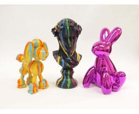 Three contemporary art sculptures including paint drip decorated balloon dog, a similar Madonna figure and a pink polished Je