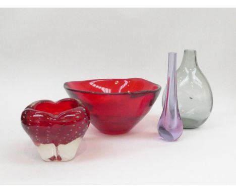 A Whitefriars Glass ruby triform bowl by Geoffrey Baxter, a ruby molar vase, a grey Whitefriars dimple vase and and a violet 