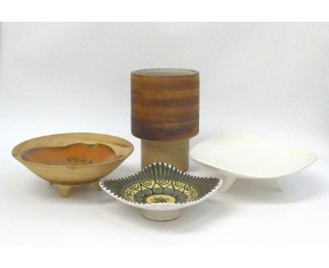 Three mid Century ceramic dishes including Norwegian example and a studio pottery cylindrical vase, 21.5cm high