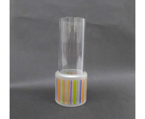 An Italian Sottsass large glass cylindrical vase by Barbara Farni with multi coloured vertical line detail. Labelled. 35cm hi