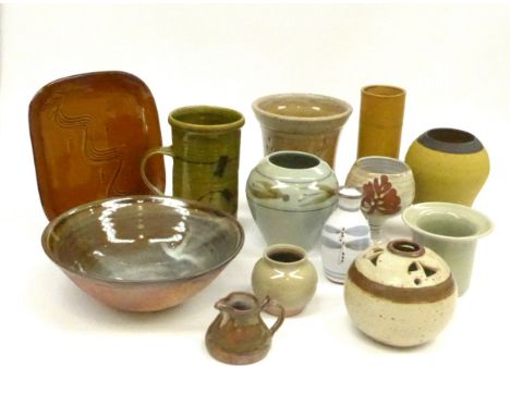 A collection of studio pottery to include Robin Welch cylindrical vase, Townhope Pottery vase, Coldstone, Briglin goblet, Dia