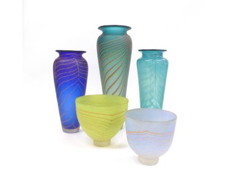A collection of Shakspeare Glass - Three large signed studio art glass vases and two similar bowls, tallest 35.5cm