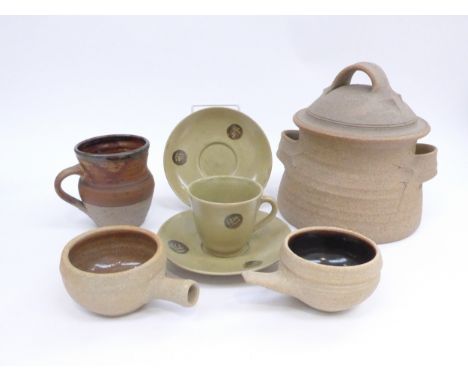 An Amanda Brier large studio pottery tureen by former Leach potter, two Leach pottery style handled dishes, two studio potter
