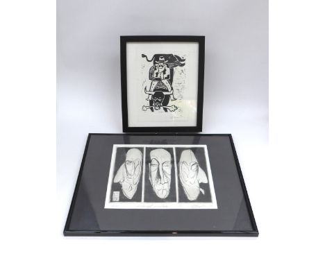 A framed artists proof mezzotint print titled “Faces” featuring stylised faces, indistinctly signed and dated 1999, 24cm x 30