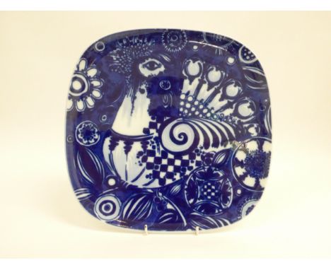 A Rosenthal porcelain blue and white squared wall plate with stylised bird design.  30.5cm x 30.5cm