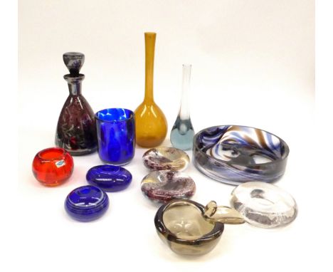 A collection of art glass including candleholders, Arthur Percy, Whitefriars stem vase , Scandinavian, David Mellor, Italian 