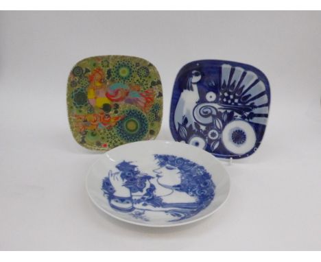 Three Rosenthal porcelain Bjorn Wiinblad plates, Studio Linie ranges with bird and woman detail.  Printed marks.  Two square 