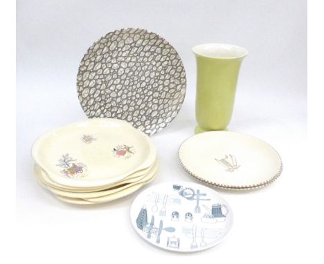 A collection of six Beswick Dancing Days pattern 1950’s dinner plates, a Poole Pottery vase, Poole plates etc. Vase 21cm high