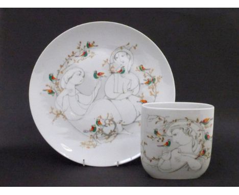 A Rosenthal porcelain  large Bjorn Wiinblad Charger, Studio Linie Range printed line figures with coloured birds and leaves i