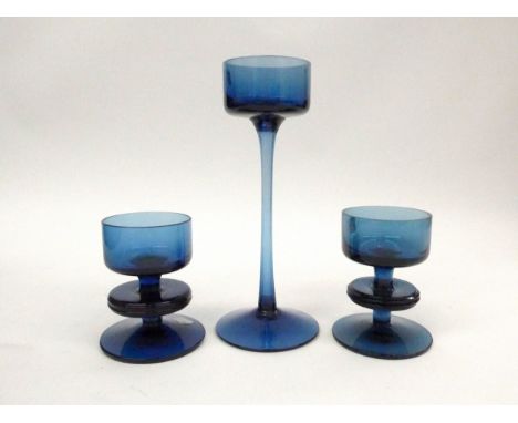 A pair of Wedgwood Sheringham candlesticks by Ronald Stennett-Willson in blue, single ring 9.5cm high, together with a Branca