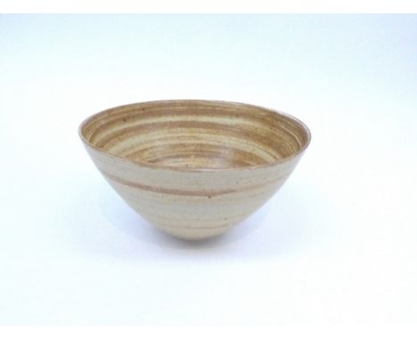 JOANNA CONSTANTINIDIS (1927-2000): A Studio porcelain bowl of flared form.  Banded oatmeal glaze. Impressed seal.  8cm high x