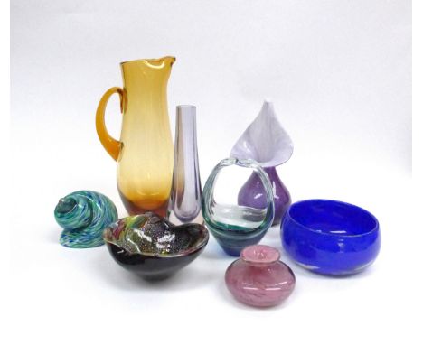 A collection of art glass including Mdina pink glass vase, a Mdina cased glass bowl, a multicoloured Scandinavian art glass b