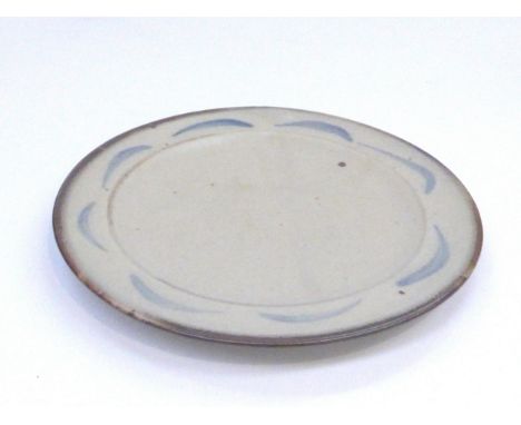 BERNARD LEACH (1887-1979): A St Ives pottery side plate, with painted blue dash decoration.  Painted BL and impressed St Ives