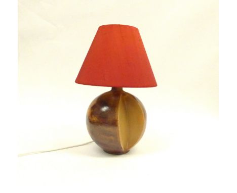 1970's Danish Soholm rare stoneware globe lamp base designed by Haico Nitzsche with red silk shade, overall height 35cm